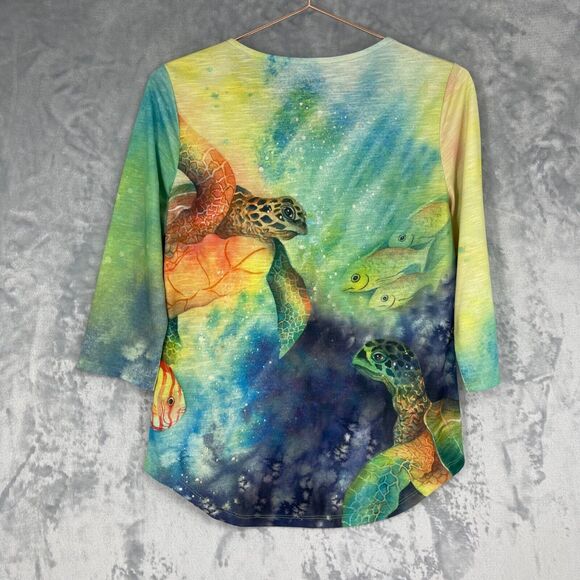 Coral Bay Tee Womens Small Colorful Turtle Fish Rhinestones 3/4 Sleeves - Picture 5 of 14